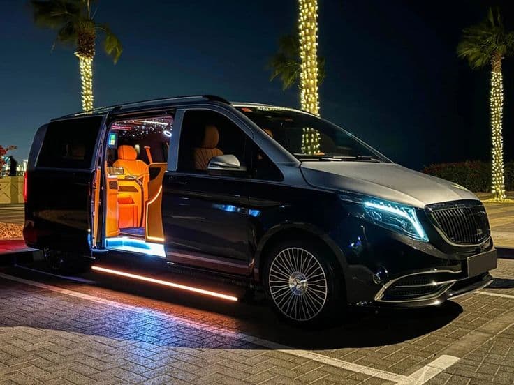 Mercedes Vito VIP van at night with lit interior